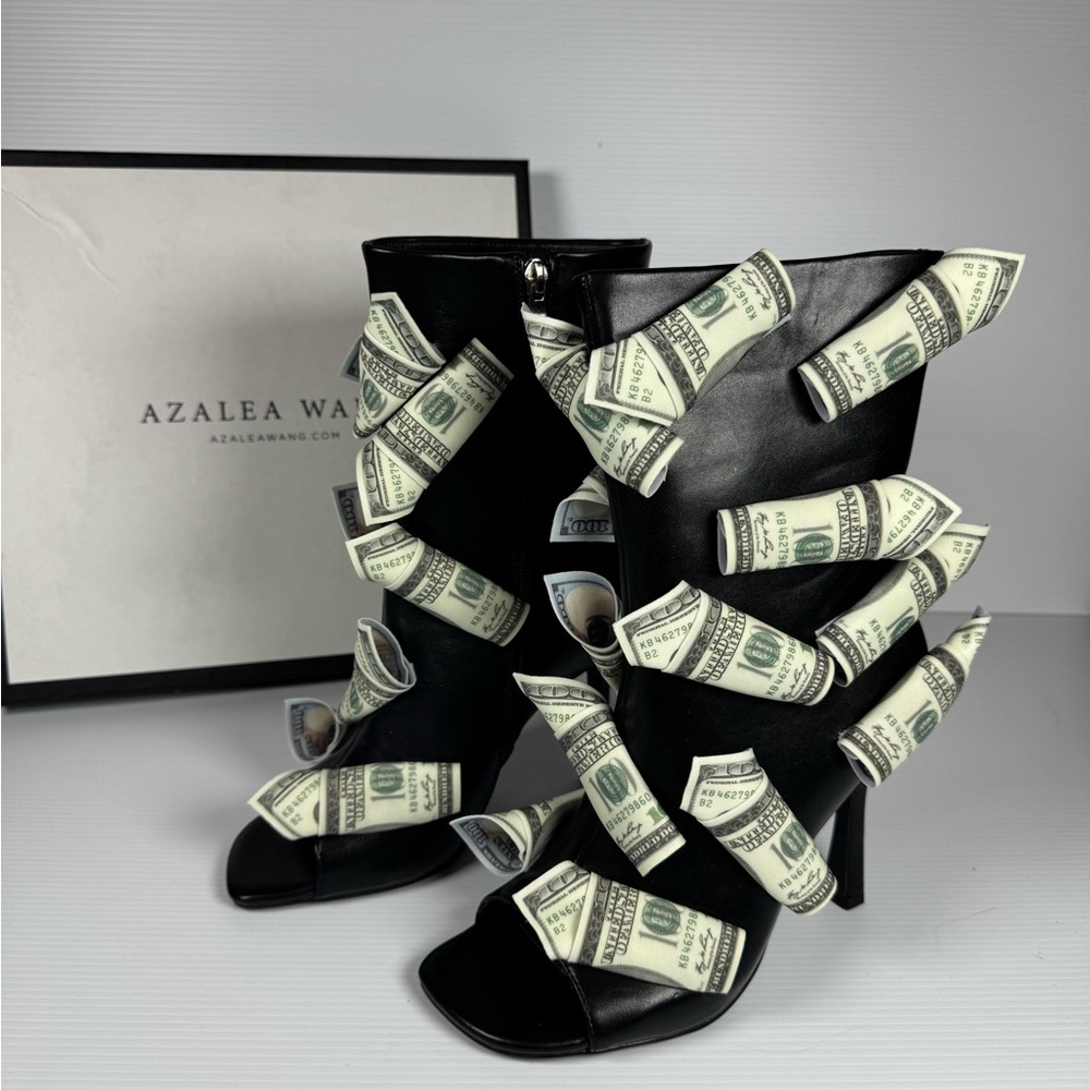 Azalea Wang Dinero Black Money Heels Multi Sizes Dollar Bill Statement Boot NWT - Picture 3 of 8